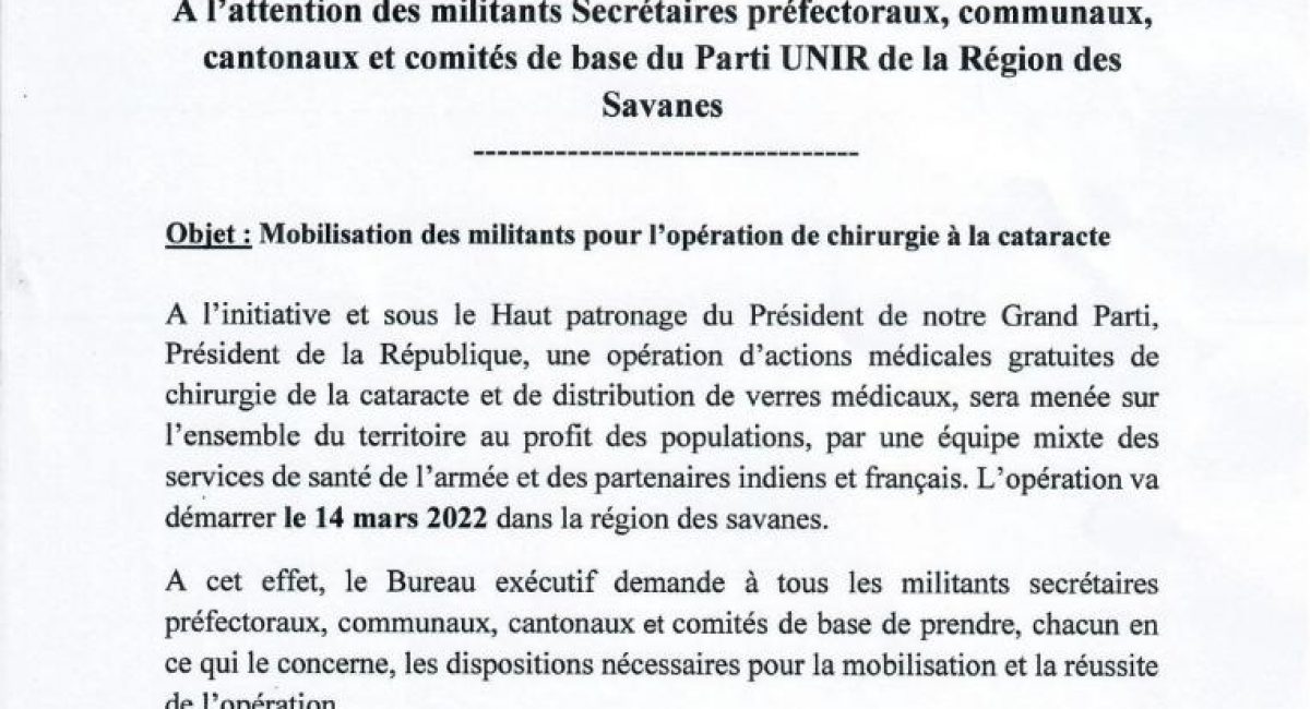 Note de service : A l'attention des Secrétaires préfectoraux, communaux, cantonaux et comités de base du parti UNIR de la Région des Savanes